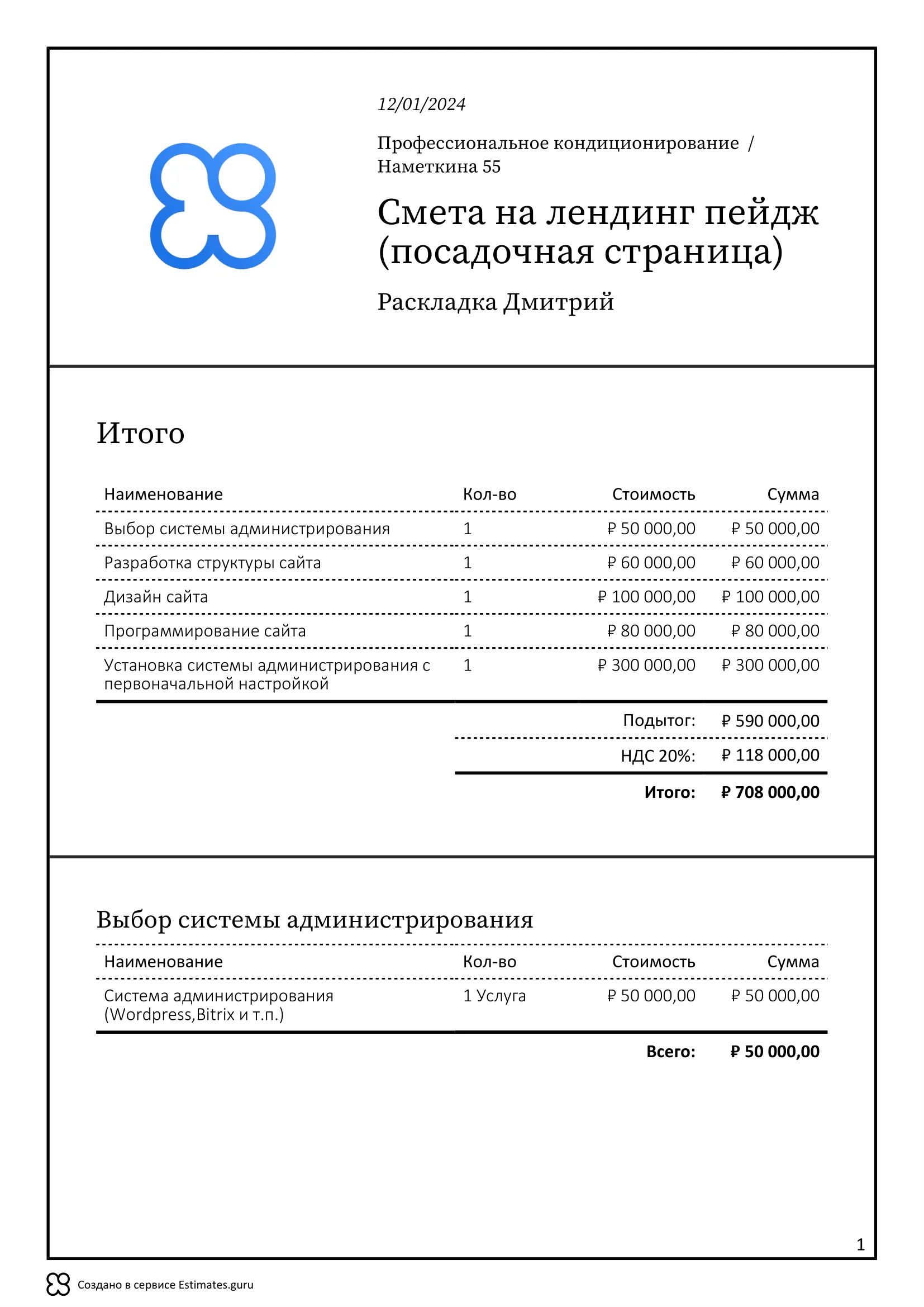 Cмета на лендинг пейдж (посадочная страница)