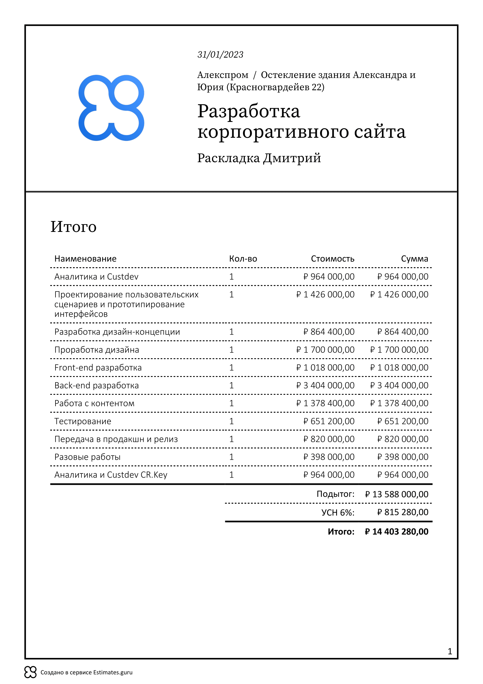 Смета на разработку сайта (корпоративный)
